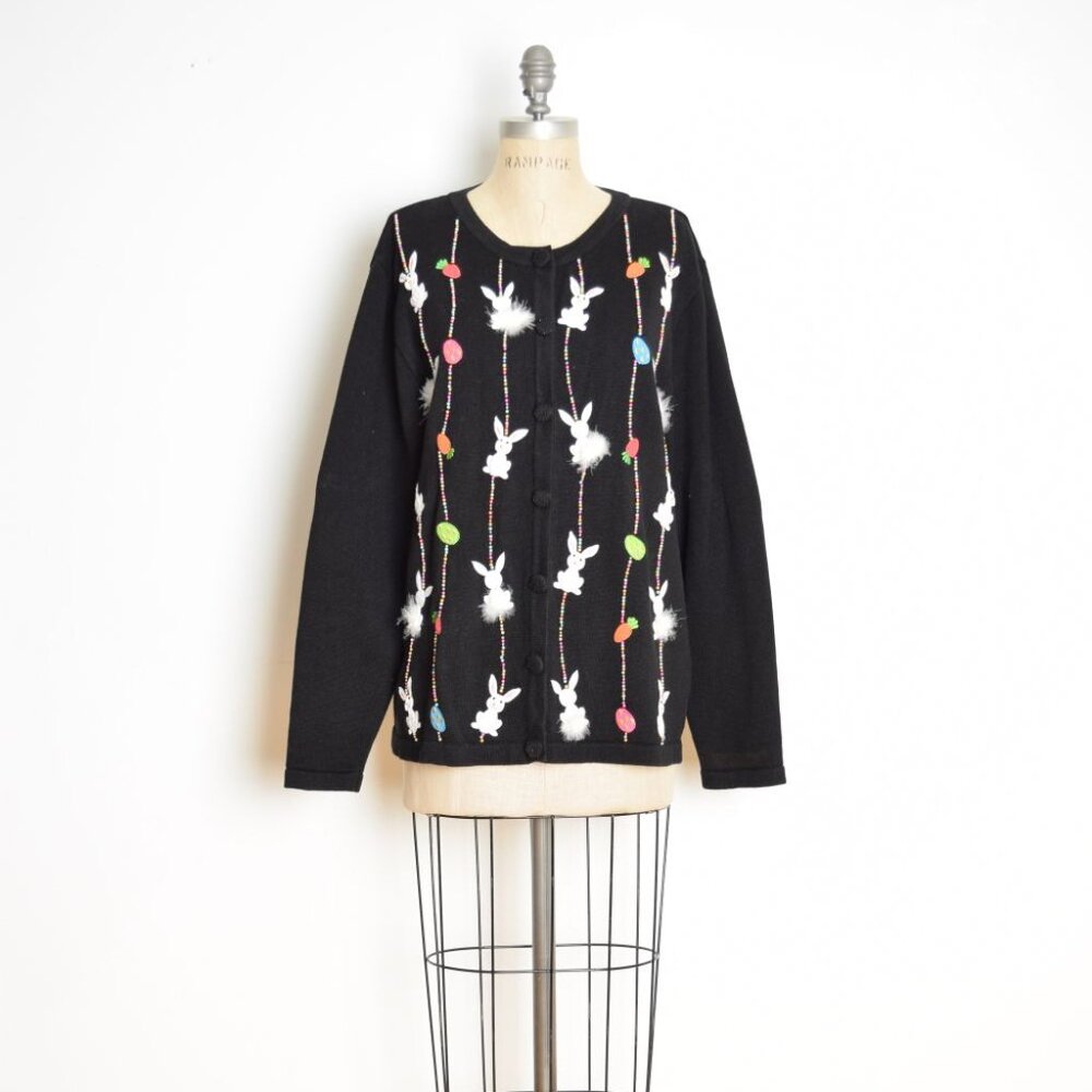 vintage Y2K cardigan sweater black Easter bunny Quacker Factory applique top L